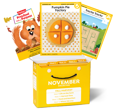 Educational toy set with cards featuring a pumpkin pie and a tractor, themed around November's 'Fall Harvest' collection.