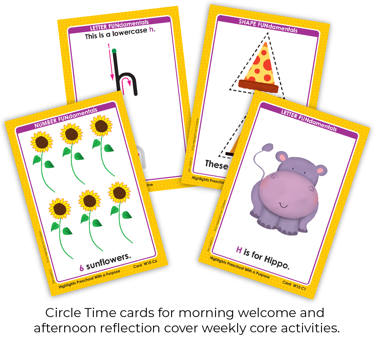 Educational flashcards with colorful illustrations and text on a white background