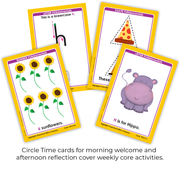 Educational flashcards with colorful illustrations and text on a white background