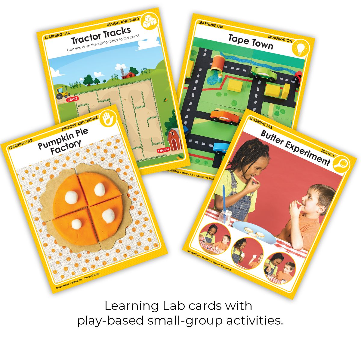 Four Learning Lab cards with different activities on a white background.