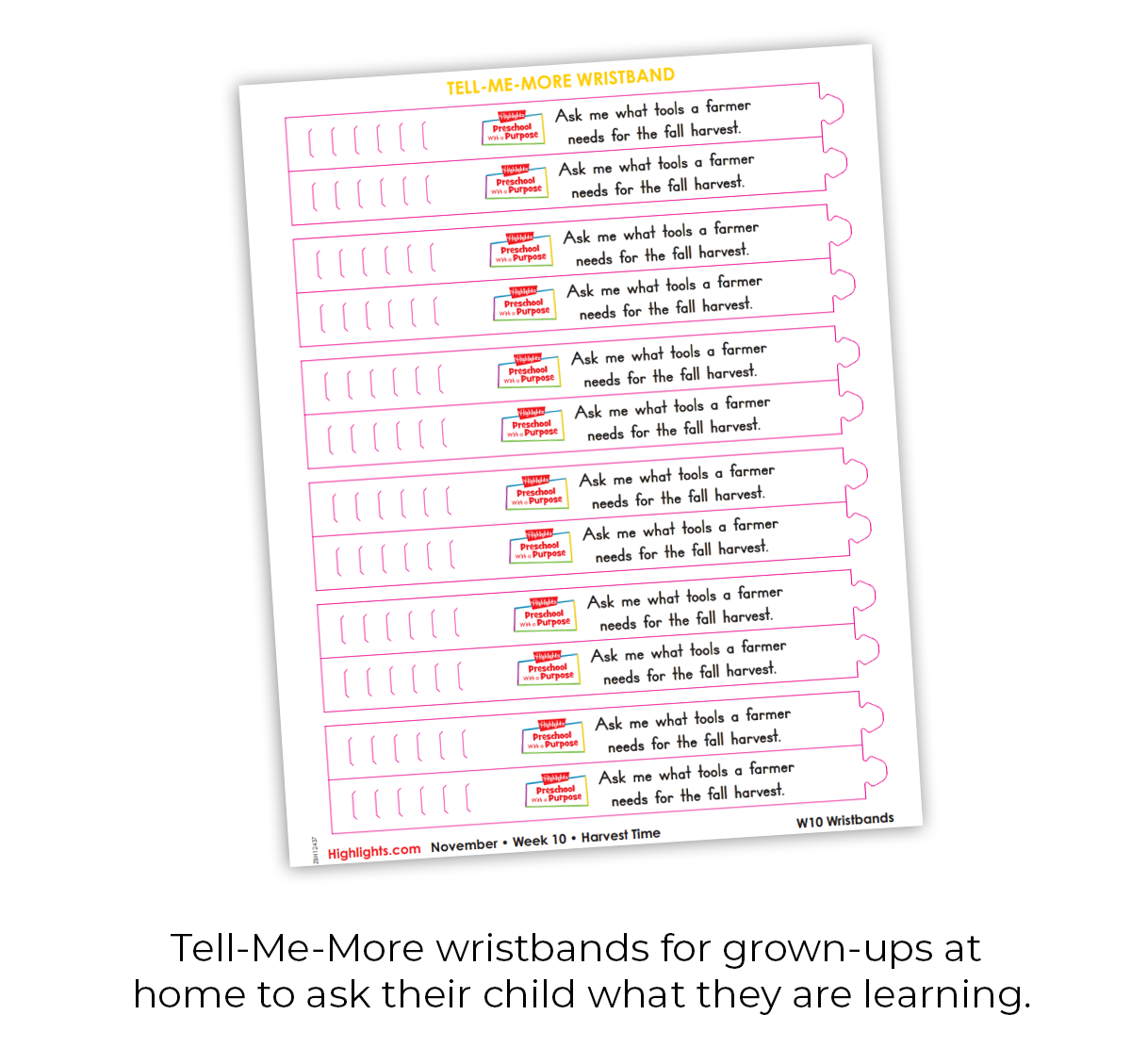Sheet of 'Tell-Me-More' wristbands for grown-ups with text prompts on a white background.