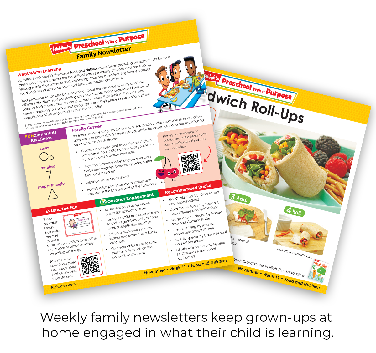 Two preschool newsletters with colorful designs and text, featuring images of children and food.