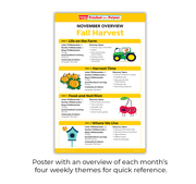 Poster with November overview of each month's four weekly themes for quick reference, featuring pumpkins and a tractor.