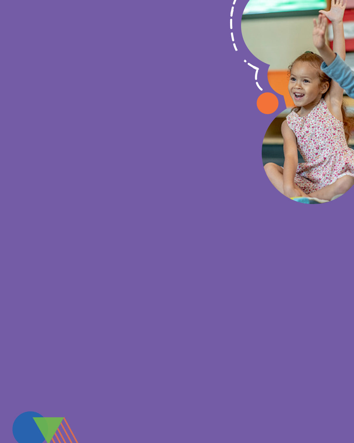 A joyful young girl at school smiling and raising her hand against a purple background with playful geometric shapes, embodying the essence of play based learning.