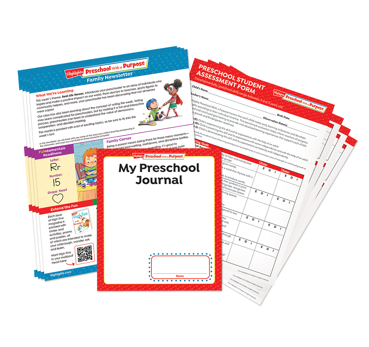 Collection of preschool educational materials including a journal, assessment form, and newsletter on a white background.