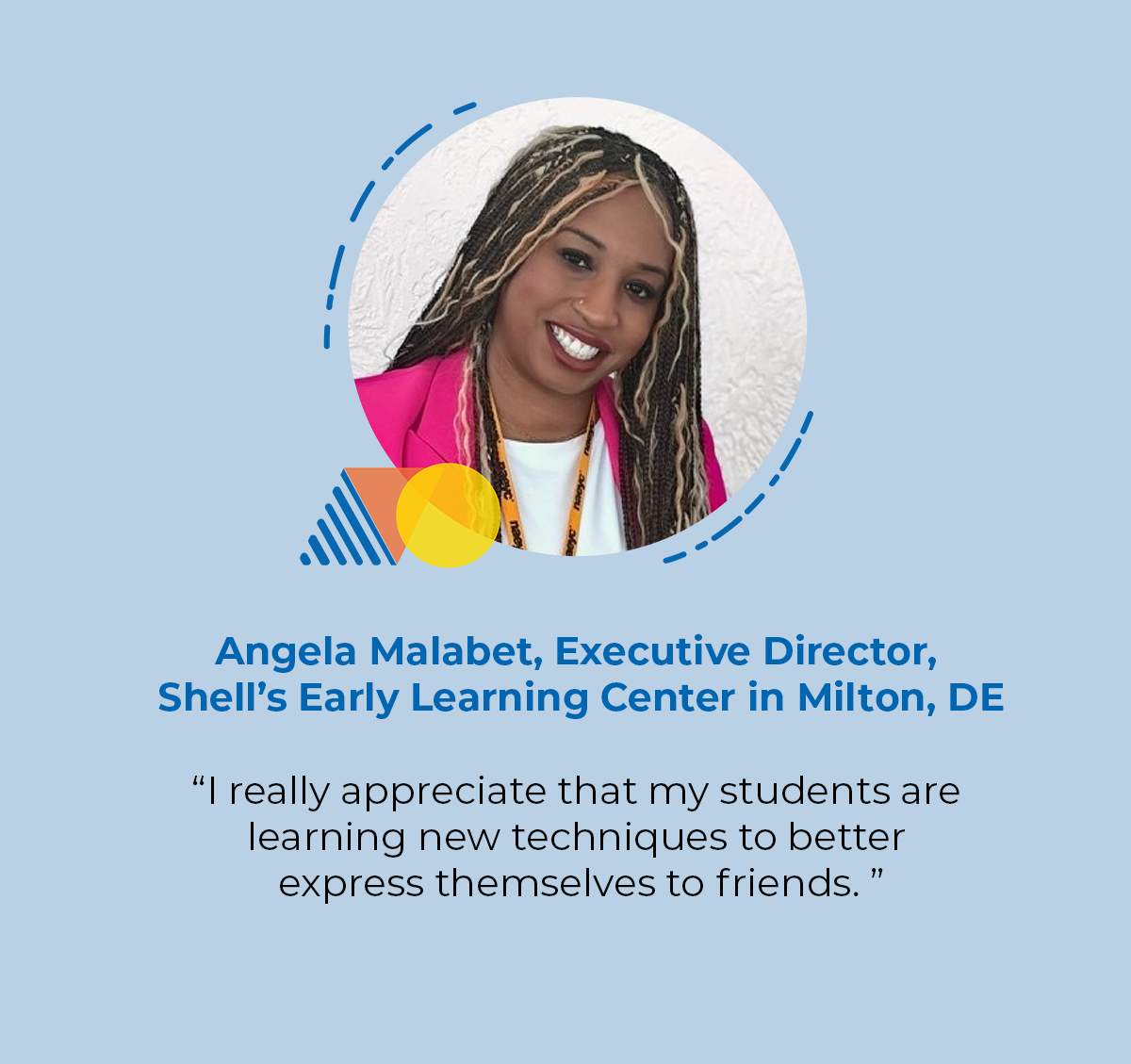 Portrait of a woman with text about Shell's Early Learning Center on a blue background